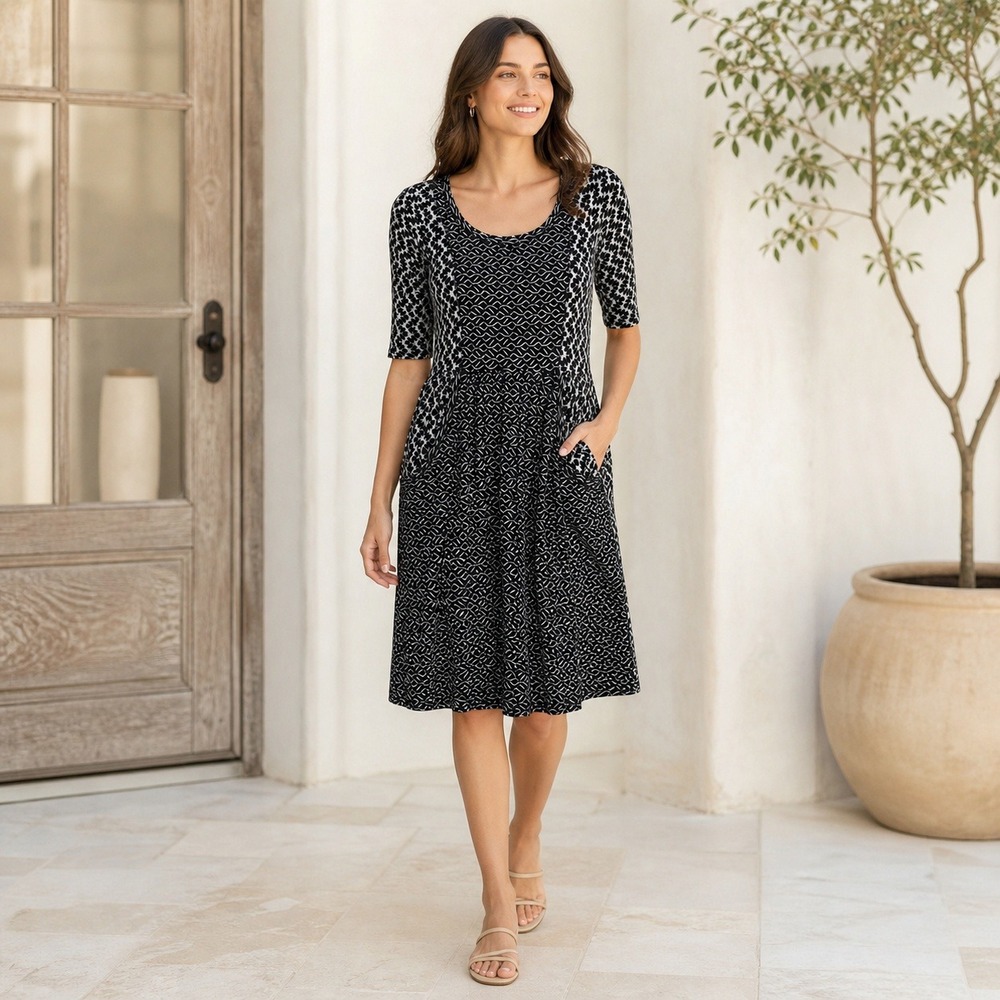 Saturday Sunday Anthropologie Black White Knit Pocket Dress Size S